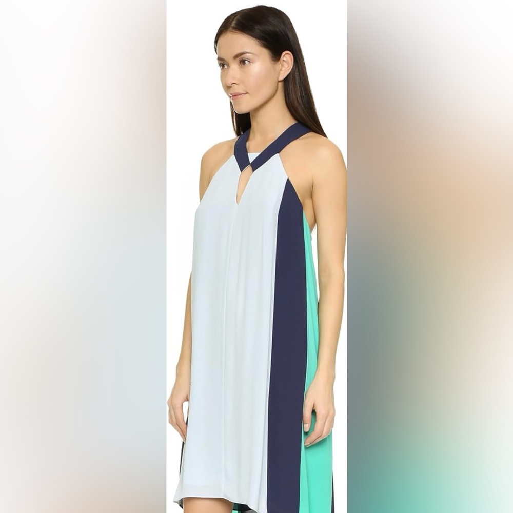 BCBGMAX AZRIA Halter Cocktail Dress‎ Short Mini Boho Striped Colorblocked Blue